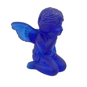 Vintage Angel Figurine Candlestick Holder Cobalt Blue Frosted Glass Cherub